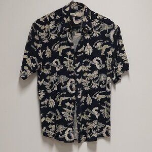 SUMMA [Vintage] Black & White Silk Retro Hawaiian Print S/S Camp Shirt, Size: L